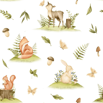 Seamless Pattern with Forest Animals and plants. Hand drawn watercolor illustration of woodland backdrop with deer and fox for childish textile or wrapping paper on isolated background. Baby ornament. png