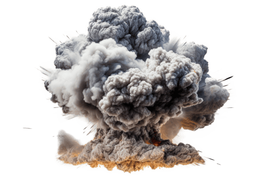 Bomb explosion with fire flames and smoke, isolated on transparent background png