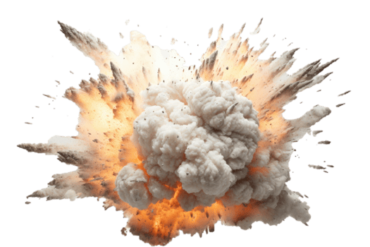 Bomb explosion with fire flames and smoke, isolated on transparent background png