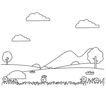 a coloring page with a landscape and trees vector