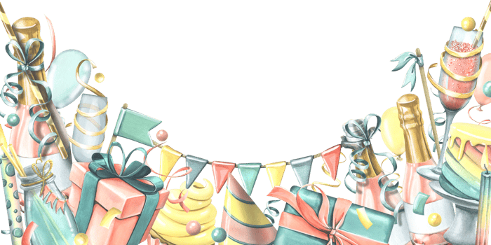 Festive birthday border with champagne, balloons, cake, gift boxes, candles, glasses and flags. Hand drawn watercolor illustration for invitations, cards, photozones, posters. png