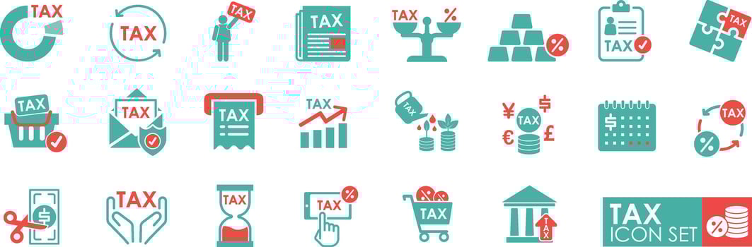 Tax Icons set. Contains Money Reports, Interest Rates, Tax Returns,s and more. Vector illustration. Solid icon style