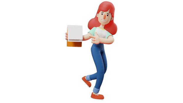 3D illustration. Smart Girl 3D Cartoon Character. A woman running while carrying a notebook in her possession. The woman pointed at the book she brought and smiled sweetly. 3D Cartoon Character png