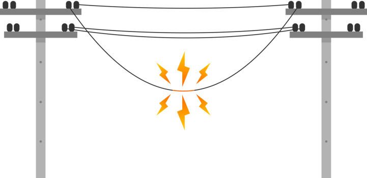 Broken electric wire of high voltage pole is damaged and short circuit spark smoke cause danger electrocution risk png