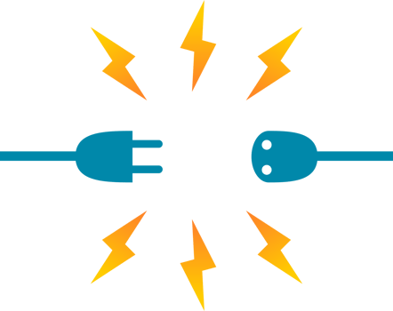Blue plug and socket electric disconnection with yellow electric short circuit sparks png