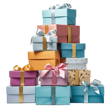 Colorful pile of gift boxes isolated on transparent background. Many Christmas packages on a large heap. png