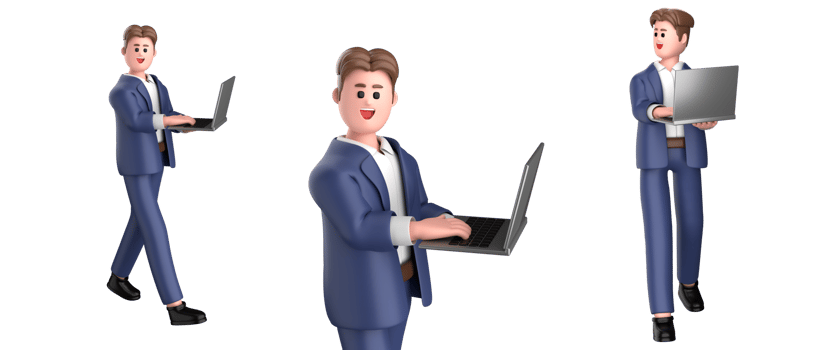 3d businessman executive  pose wearing suit standing holding a laptop pointing advertising isolated on white background, 3d rendering png