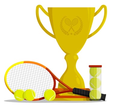 Prize sports cup with ball for participation in tennis competitions. Award trophy to winner of tournament. Vector in flat style