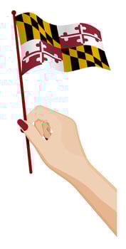 Female hand gently holds small flag of american state of Maryland. Holiday design element. Cartoon vector on white background
