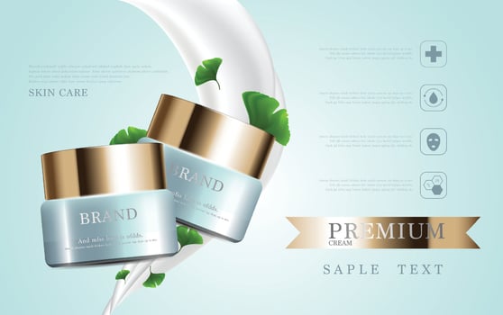 Hydrating facial milk cream for annual sale or festival sale. Green and gold cream mask bottle isolated on pour milk background. Graceful cosmetic ads, illustration. vector