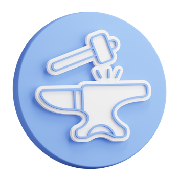3D button rendering of hammer hits the anvil. Blacksmith craft, production of metal products. Realistic blue white PNG illustration isolated on transparent background