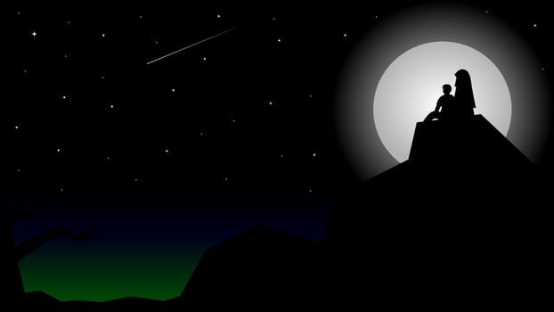 Vector illustration of a couple looking at a shooting star at night with moonlight illuminating it