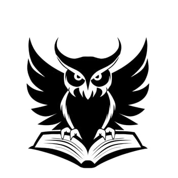 Owl and book black white vector logo illustration