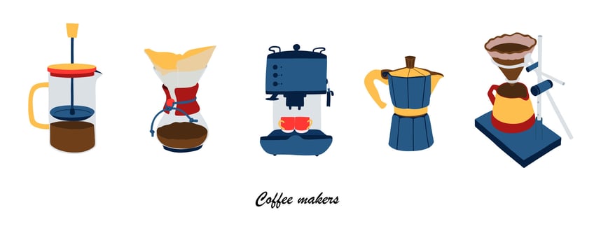 Collection of different various coffee makers. French press, drip, coffee machine, geyser, filter. Hand drawn vector illustration for coffeehouse