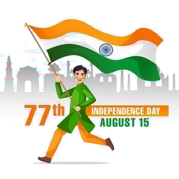 Poster design of Happy Independence Day template, Indian Boy running and waving the National Flag of India. vector