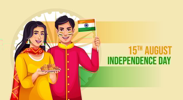 Happy Independence Day India celebration 15 August, man hoisting Indian flag greeting poster, vector. vector