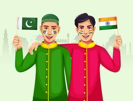 Happy young Boys are holding the Indian and Pakistan flags in hand over white background. Two children representing Hindu Muslim unity vector