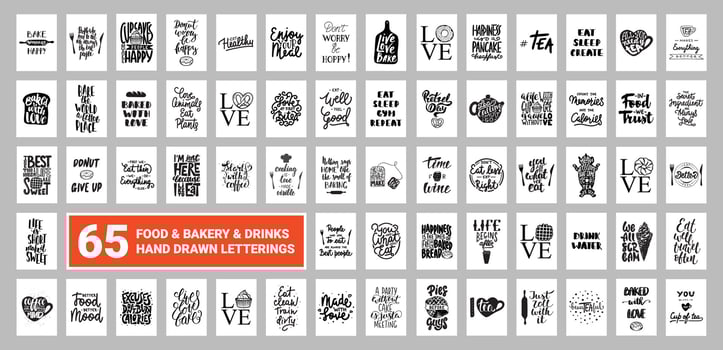 Bundle of food, eating, bakery, drinks, coffee lettering quotes for posters, decoration, prints, t-shirt design, social media. Hand drawn typography. Handwritten slogans. Modern brush calligraphy. vector