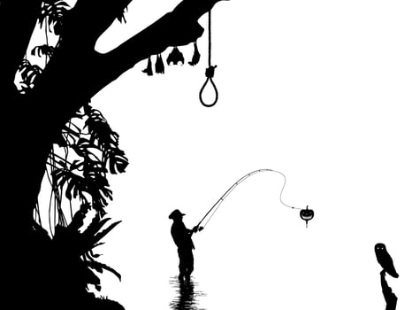 Angler or Fisher Man on the Haunted Lake Strike got Scary Pumpkin, Horror Illustration for Halloween Theme or Film Movie Poster. Vector Illustration