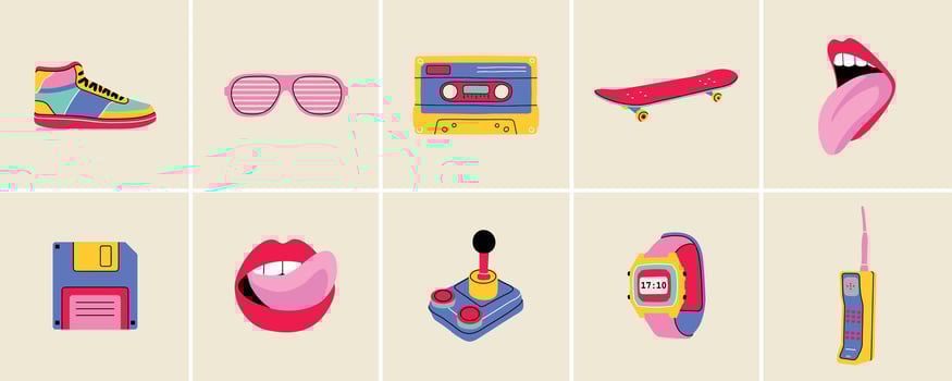 Classic 80s 90s elements in flat line style. Hand drawn vector illustration skate board, cassette, sneaker, sunglasses, mouth with tongue, floppy disk, watches, phone. Fashion patch, badge, emblem