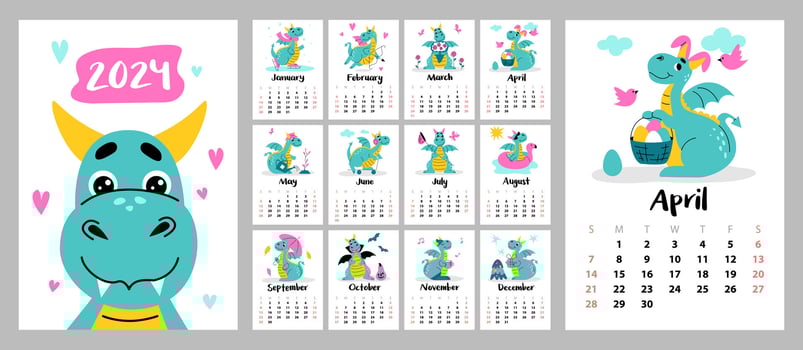 Cute calendar of 2024. Funny dragon smiles. The week starts on Sunday. Layout for printing A4,A5 vector
