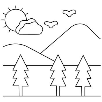 a coloring page with trees and mountains vector