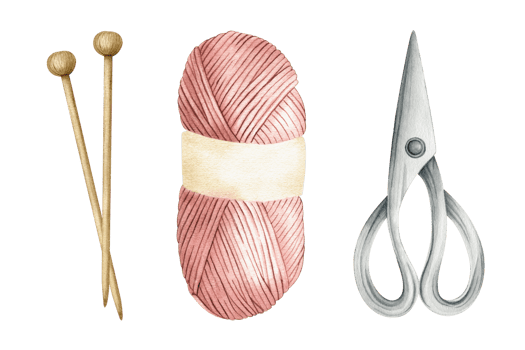 Set of yarn ball, wooden knitting needles, scissors. Watercolor illustrations. Isolated. For product packaging design, knitter blog,needlework store png