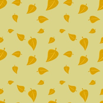 Seamless pattern background of falling brown leaves and Acorn on a yellow background.  Concept of fall leaves in autumn season. vector