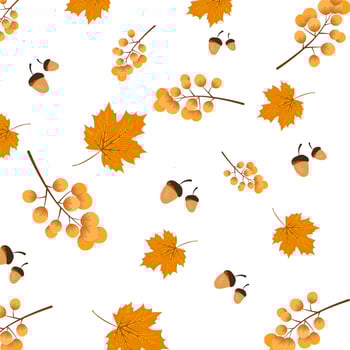 Seamless pattern background of falling brown leaves and Acorn on a yellow background.  Concept of fall leaves in autumn season. vector