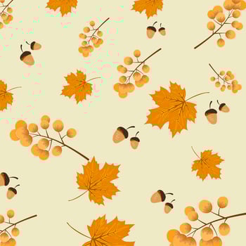 Seamless pattern background of falling brown leaves and Acorn on a yellow background.  Concept of fall leaves in autumn season. vector