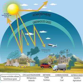 Greenhouse effect . Natural process trapping heat in Earth's atmosphere, warming the planet. Human activities intensify this effect. vector