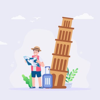 Planning of travel. Hipster man with a suitcase goes to the airport. Vector illustration.