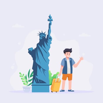 Planning of travel. Hipster man with a suitcase goes to the airport. Vector illustration.