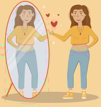Love yourself, reflection in the mirror, admire your reflection, teenager in a yellow long sleeve and jeans vector