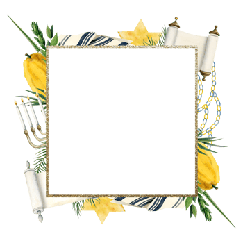 Watercolor Sukkot square frame illustration with Etrog, four species, tallit, sukkah decorations and Torah scroll for Jewish holiday greetings png