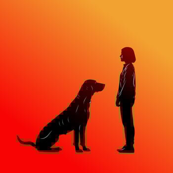 Vector illustration of dog and woman facing each other in black on red orange background