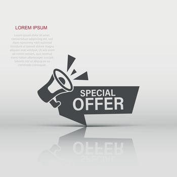 Special offer label icon in flat style. Megaphone with discount vector illustration on isolated background. Sale sign business concept.