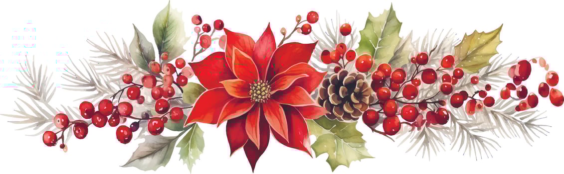 watercolor drawing, christmas garland from plants. red poinsettia flower, berries, cones and fir branches. traditional winter decoration for christmas and new year vector