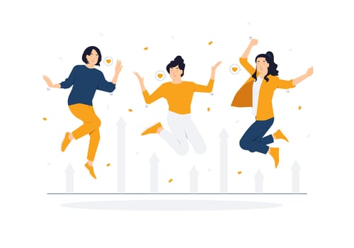 Happy group of people jumping from joy, fun, young female teen girl excited celebrating success, achievement, happiness, freedom concept illustration vector