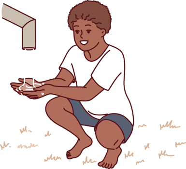 African boy sits near clean water faucet, rejoicing at opportunity to quench thirst during drought png