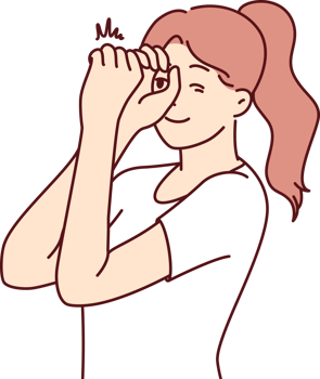 Woman looks through invisible spyglass with curiosity and wanting to know what is happening png
