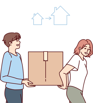 Relocation of happy couple carrying box while moving and thinking about mortgaged or rented house png