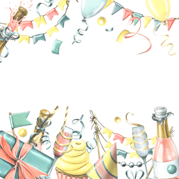 Birthday template card with pink champagne, balloons, gifts, confetti, flags. Watercolor illustration, hand drawn. Frame for text png