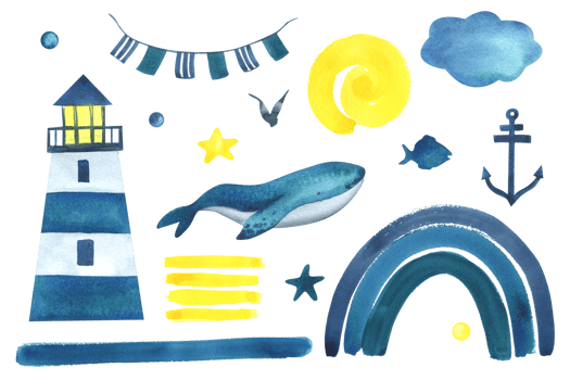 Nautical set with lighthouse, whale, rainbow and sun in blue, turquoise, yellow colors. Watercolor illustration hand drawn in children's style. Isolated objects png