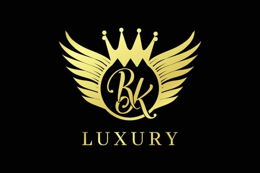 RK Letter logo design template. Golden luxury letter with crown and wings. vector