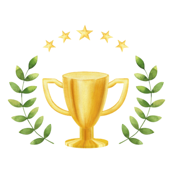 Golden Cup with stars and Laurel. Champion golden trophy. Yellow prize cup for winner, first place, victory. Attributes of sports competitions. Watercolor illustration. Isolated. png
