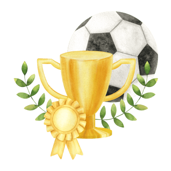 Golden Cup with Soccer ball, medal and Laurel. Football match. Champion golden trophy. Prize cup for winner, first place, victory. Attributes of sports competitions. Watercolor illustration. Isolated. png