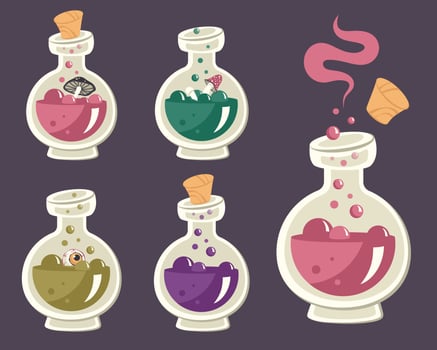Witches' brew isolated. Set of magic potion for Halloween party. Different hand drawn glass bottles with color liquid, fly agaric, mushrooms, eyes. Autumn holiday of dead. Vector cartoon illustration