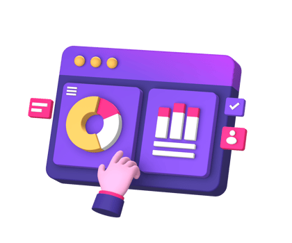 3d purple illustration icon of statistic or infographic graph with hand gesture side for UI UX social media ads design png