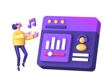 purple illustration icon of streaming and listening to music with 3D character and music note for UI UX social media ads design png